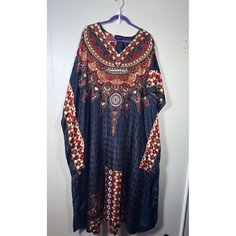 Ashro Black Red Medallion Kaftan Caftan Maxi Dress Free Size Lounger Mumu Resort